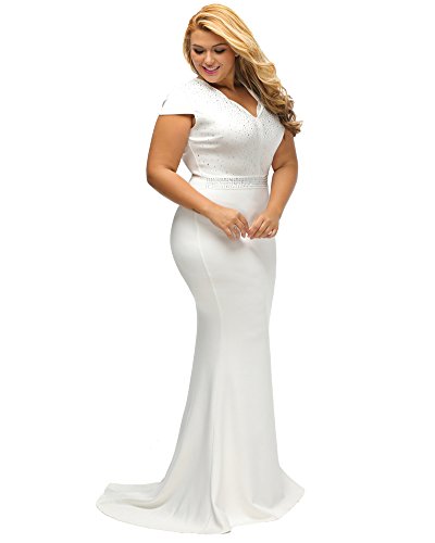 Lalagen Women's Short Sleeve Rhinestone Plus Size Long Cocktail Evening Dress
