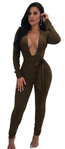 Longwu Women's Sexy Sparkly V Neck Long Sleeve Party Clubwear Bandage Romper Jumpsuit