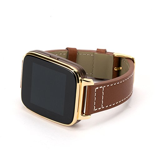 Bit Full Function Smart Watch for Apple/Android devices. Classical Elegance with Communications, Fitness, with Music Vault featuring 8G on board storage. Gold with brown calfskin leather strap