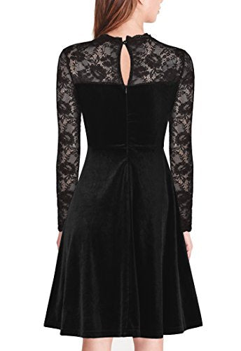 FORTRIC Women Vintage Floral Lace Long Sleeve Cocktail Party Formal Swing Dress