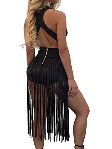 Glamaker Women's Party Halter V Neck Dress Short Tassels Backless Dress Sexy