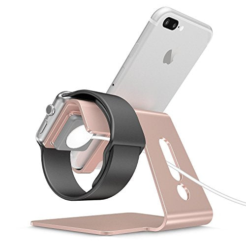 [Updated Solid Version] OMOTON 2 in 1 Universal Desktop Cell Phone Stand and Apple Watch Stand, Advanced 4mm Thickness Aluminum Stand Holder for iPhone and Apple Watch (Both 38mm & 42mm)