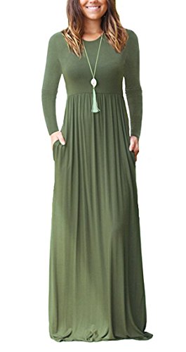FOMANSH Women Maxi Dress Long Sleeve Round Neck Loose Plain Casual Long Dresses With Pockets