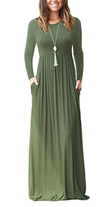 FOMANSH Women Maxi Dress Long Sleeve Round Neck Loose Plain Casual Long Dresses With Pockets