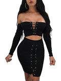 TOB Women's Sexy Off Shoulder Cut Out Long Sleeve Bodycon Mini Club Dress