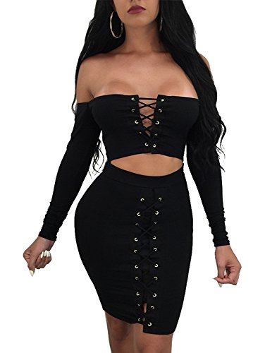 TOB Women's Sexy Off Shoulder Cut Out Long Sleeve Bodycon Mini Club Dress