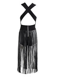 Glamaker Women's Party Halter V Neck Dress Short Tassels Backless Dress Sexy