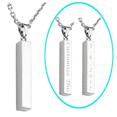 JOVIVI Free Engraving - Personalized Custom Engraved Name Words Men Stainless Steel Bar Pendant Necklace w/Gift Box