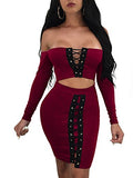 TOB Women's Sexy Off Shoulder Cut Out Long Sleeve Bodycon Mini Club Dress