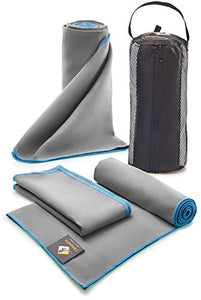 Set of 3 Microfiber Towels - Best For Gym, Sports, Travel, Camp, Outdoor - Quick Dry / Absorbent / Antimicrobial / Compact / Lightweight - Gift Toiletry Bag