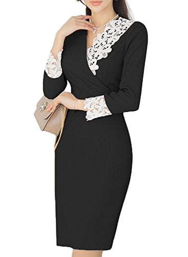 Fantaist Women's Wrap V Neck 3/4 Sleeve Lace Business Office Wear To Work Dress