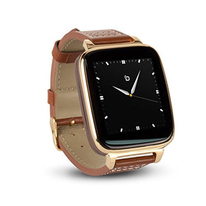 Bit Full Function Smart Watch for Apple/Android devices. Classical Elegance with Communications, Fitness, with Music Vault featuring 8G on board storage. Gold with brown calfskin leather strap
