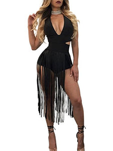 Glamaker Women's Party Halter V Neck Dress Short Tassels Backless Dress Sexy
