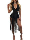 Glamaker Women's Party Halter V Neck Dress Short Tassels Backless Dress Sexy