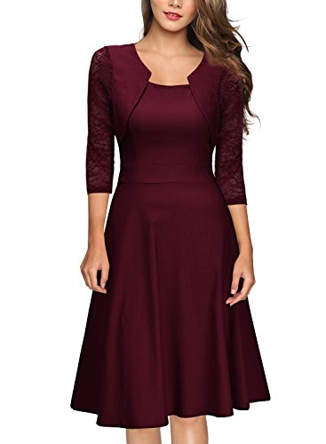MIUSOL Women's Vintage Square Neck Floral Lace 2/3 Sleeve Cocktail Swing Dress