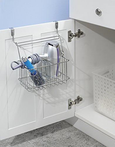 mDesign Over-Cabinet Hair Care Tools Basket for Hair Dryer, Flat Iron, Curling Wand, Straightener - Chrome