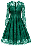 Gigileer Women's  Vintage Floral Lace V-Neck Dresses Long Sleeve For Cocktail Wedding Party