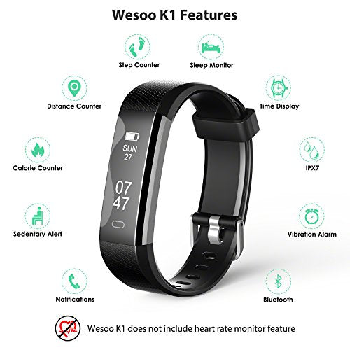 Fitness Tracker, Wesoo K1 Fitness Watch : Activity Tracker Smart Band with Sleep Monitor, Smart Bracelet Pedometer Wristband with Replacement Band for iOS & Android