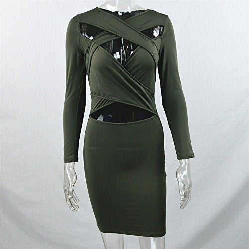 Women's Long Sleeve Sexy Halter Criss Cross Cut-out Bandage Party Mini Dress Clubwear