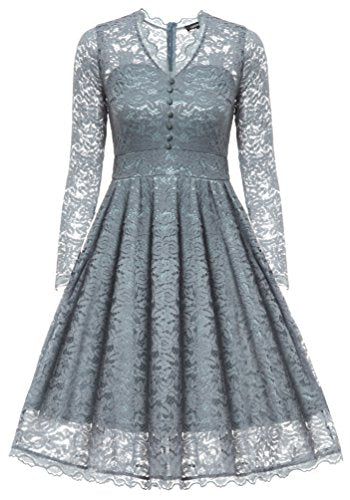 Gigileer Women's  Vintage Floral Lace V-Neck Dresses Long Sleeve For Cocktail Wedding Party