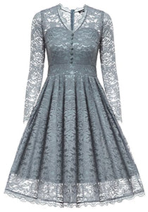 Gigileer Women's  Vintage Floral Lace V-Neck Dresses Long Sleeve For Cocktail Wedding Party