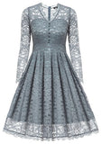 Gigileer Women's  Vintage Floral Lace V-Neck Dresses Long Sleeve For Cocktail Wedding Party