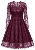 Gigileer Women's  Vintage Floral Lace V-Neck Dresses Long Sleeve For Cocktail Wedding Party