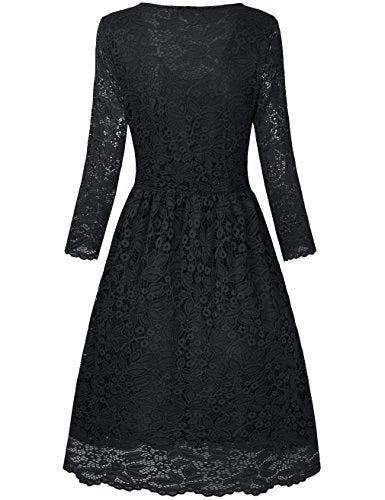 HNNATTA Juniors' Floral Lace 3/4 Sleeve A Line Round Neck Pleated Swing Cocktail Party Dress