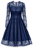 Gigileer Women's  Vintage Floral Lace V-Neck Dresses Long Sleeve For Cocktail Wedding Party