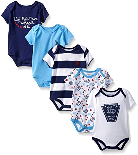 U.S. Polo Assn. Baby Boys' 5 Piece Interlock Bodysuit Set