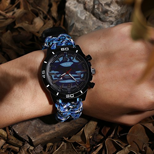 Survival Bracelet Watch, Men & Women Emergency Survival Watch with Paracord/Whistle/Fire Starter/Scraper/Compass and Thermometer, 6 in 1 Multifunctional Outdoor Gear