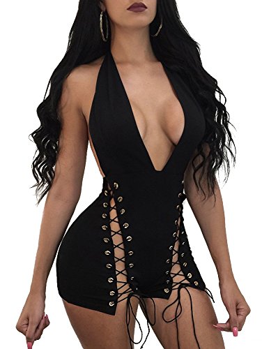 TOB Women's Summer Sexy Backless Lace Up Halter Bodycon Jumpsuit Club Romper