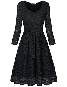 HNNATTA Juniors' Floral Lace 3/4 Sleeve A Line Round Neck Pleated Swing Cocktail Party Dress