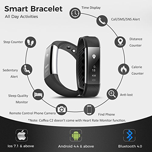 Fitness Tracker, Coffea C2 Activity Wristband : Bluetooth Wireless Smart Bracelet, Waterproof Pedometer Activity Tracker Watch with Replacement Band for IOS & Android Smartphone