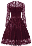 Gigileer Women's  Vintage Floral Lace V-Neck Dresses Long Sleeve For Cocktail Wedding Party