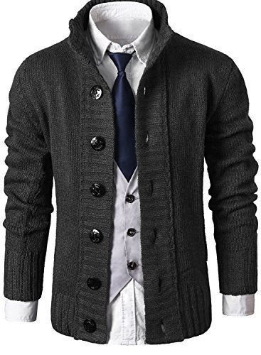 MIEDEON Mens Casual Stand Collar Cable Knitted Button Down Cardigan Sweater