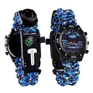 Survival Bracelet Watch, Men & Women Emergency Survival Watch with Paracord/Whistle/Fire Starter/Scraper/Compass and Thermometer, 6 in 1 Multifunctional Outdoor Gear
