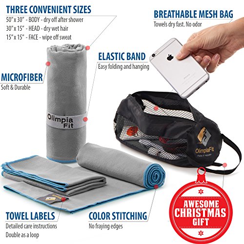 Set of 3 Microfiber Towels - Best For Gym, Sports, Travel, Camp, Outdoor - Quick Dry / Absorbent / Antimicrobial / Compact / Lightweight - Gift Toiletry Bag
